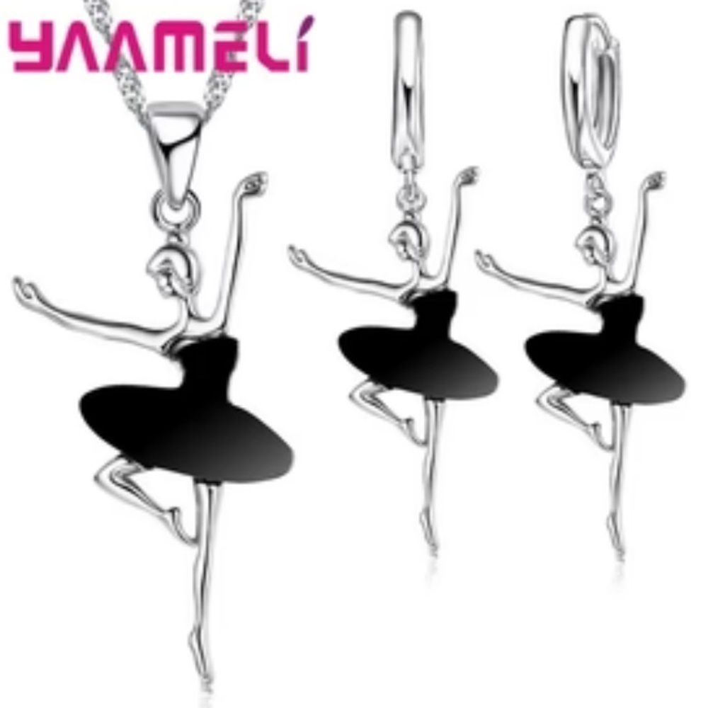 .925 Sterling Silver and Black Ballerina Necklace and Earring Set Ballet Dancer
